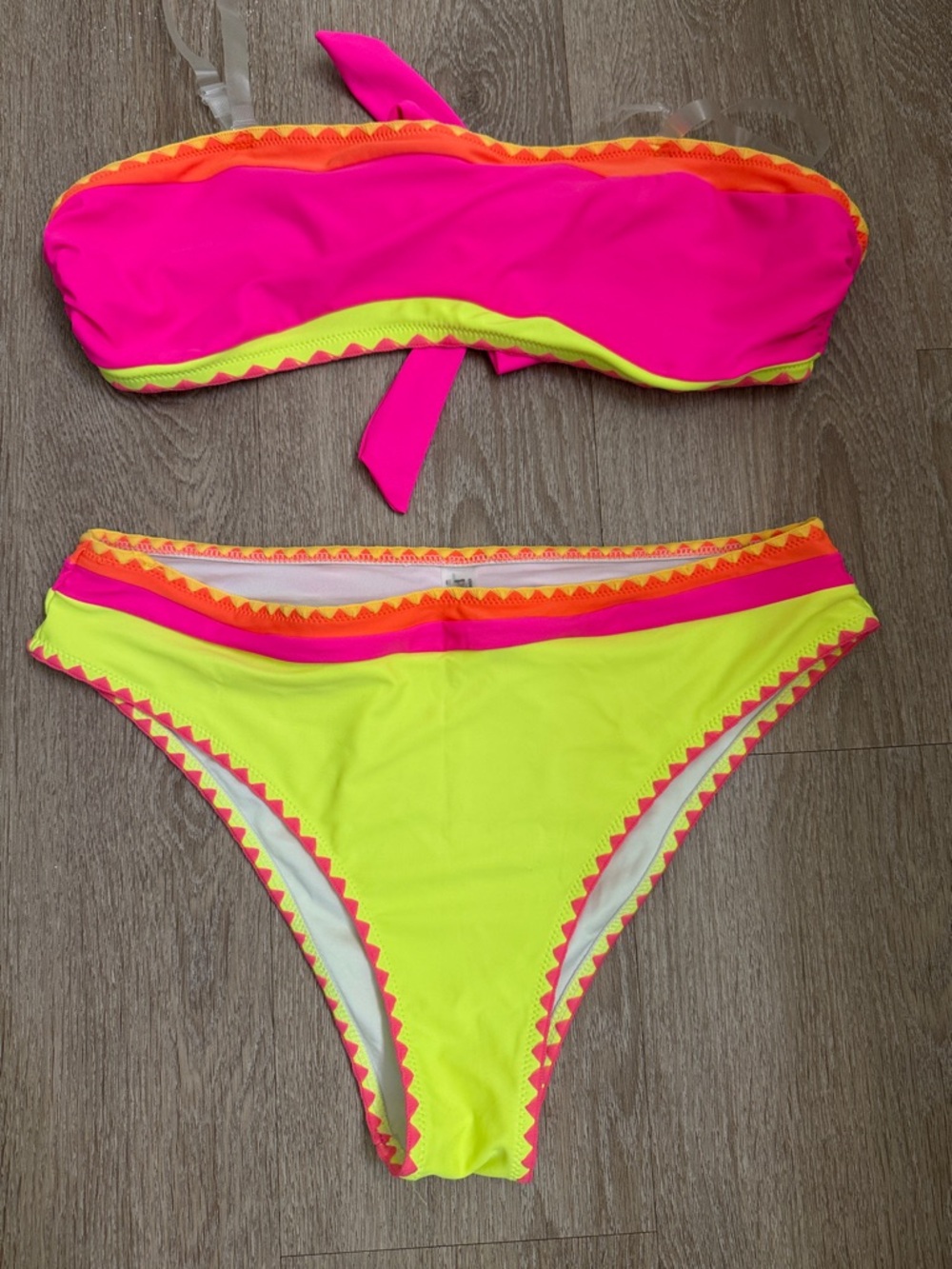 Bright Neon Pink & Yellow Bikini Set - Strapless Top and High-Cut Bottoms